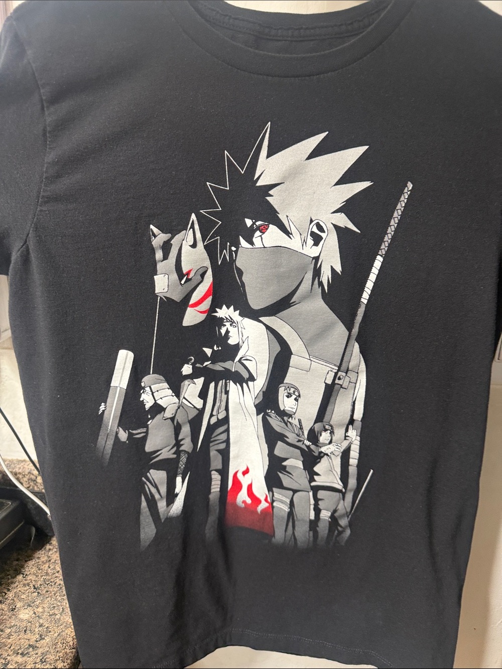 Black Anime Graphic Kids T-Shirt with Gray & Red Accents